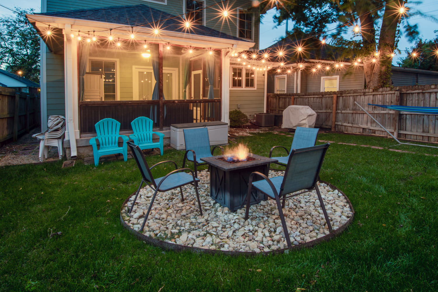 Backyard firepit at night