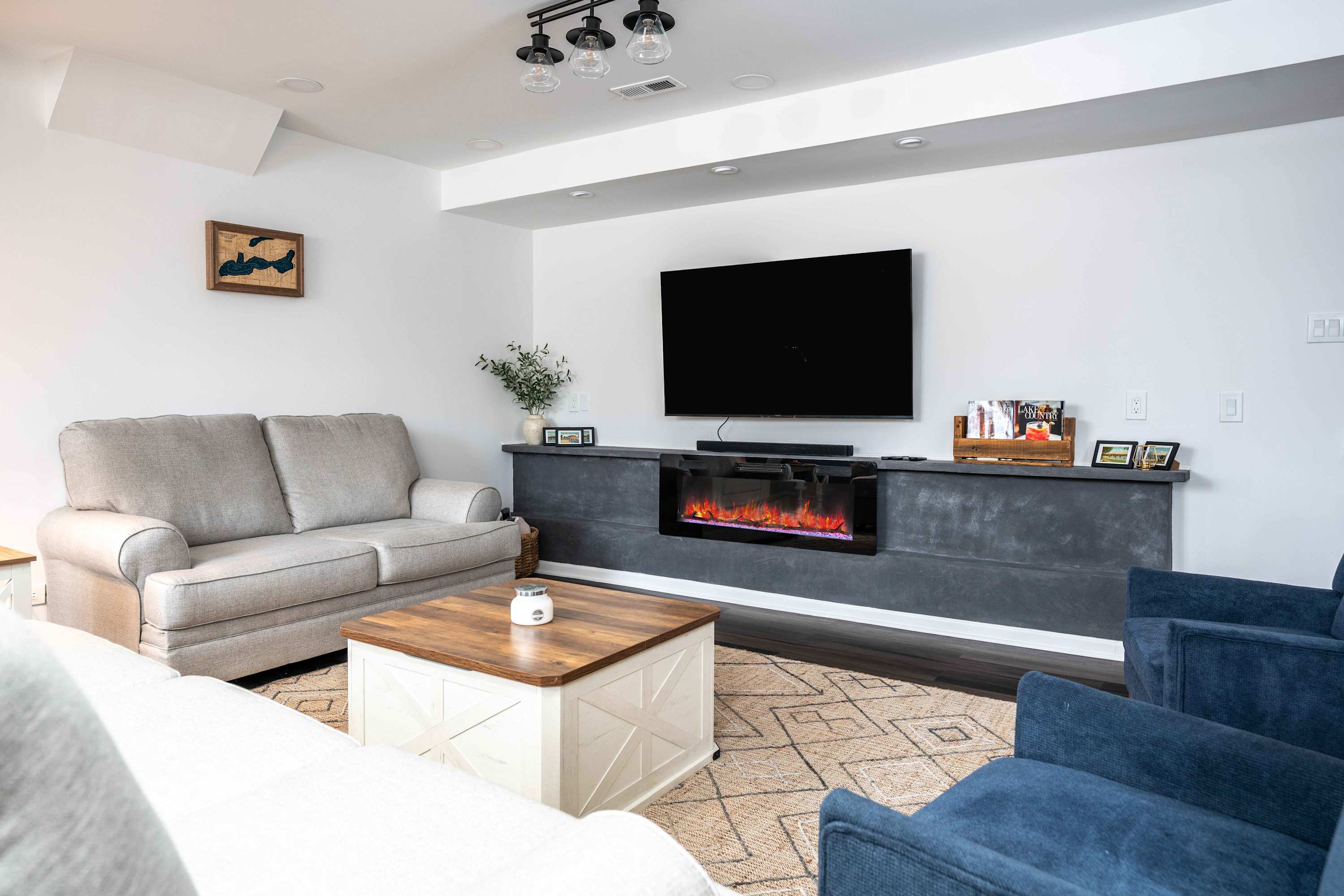 Curl up in the chic living room & stream your favorites on the smart TV