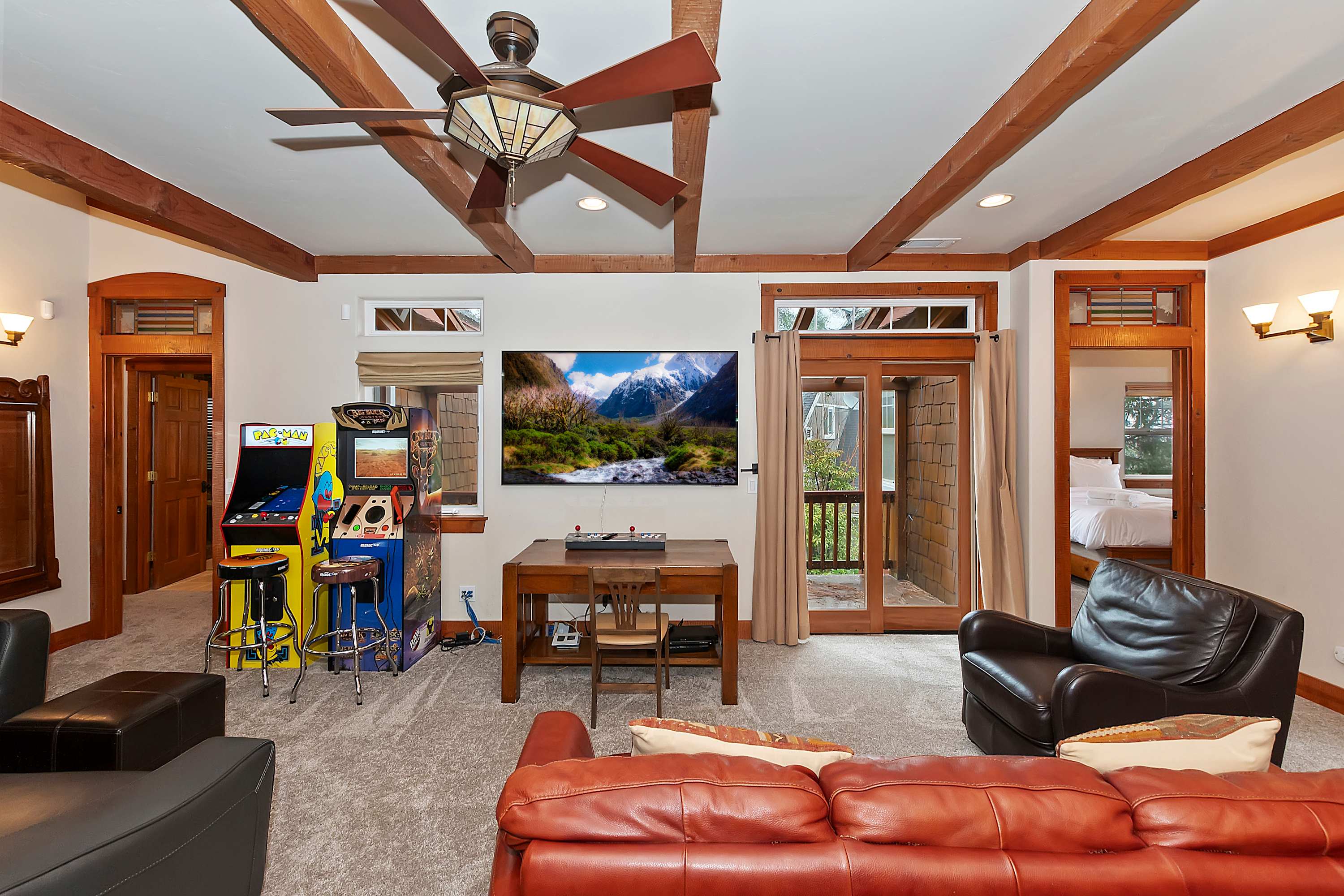 Spend hours of fun on the arcade games or watch movie on the large smart TV.