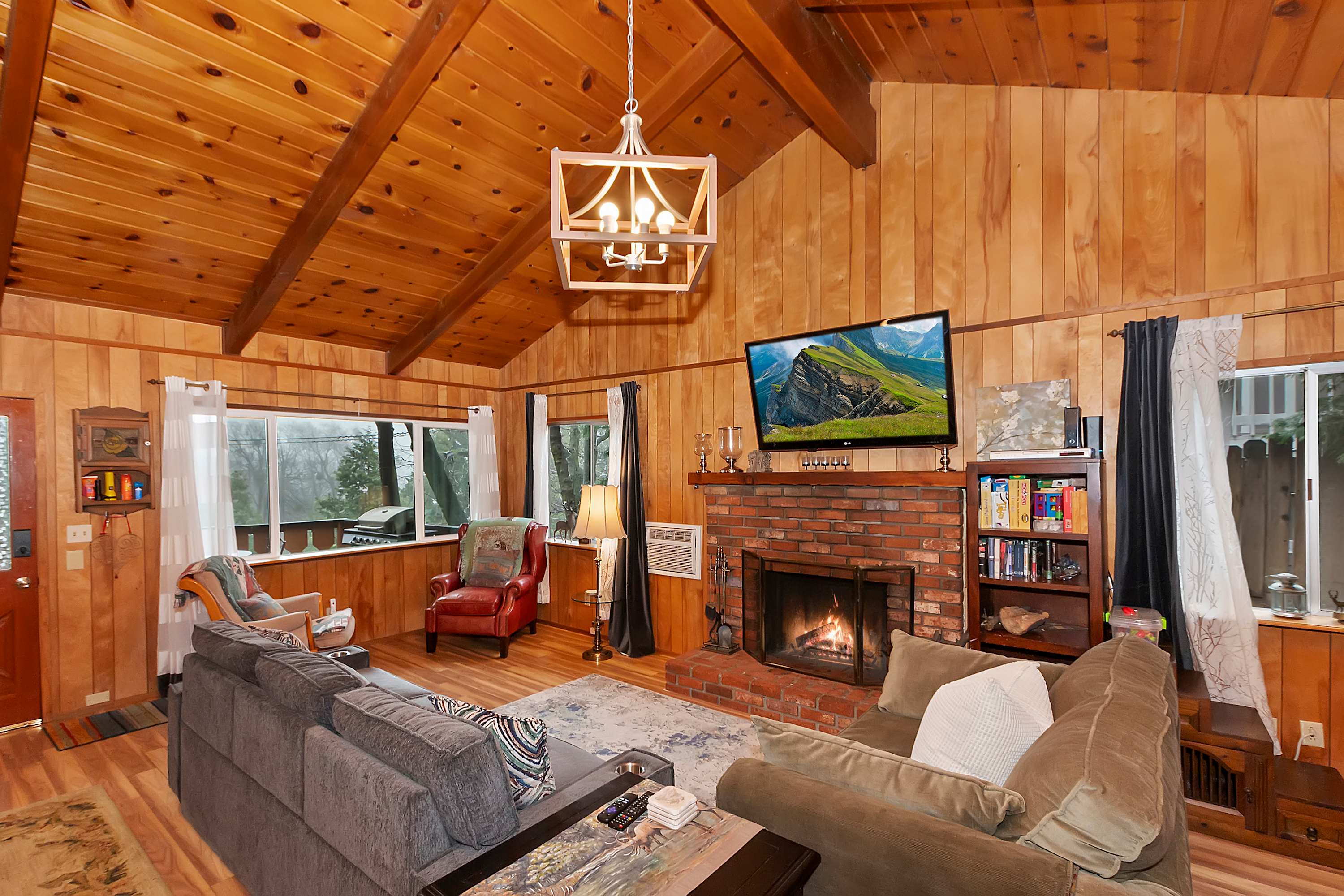 Living area with wood burning fireplace