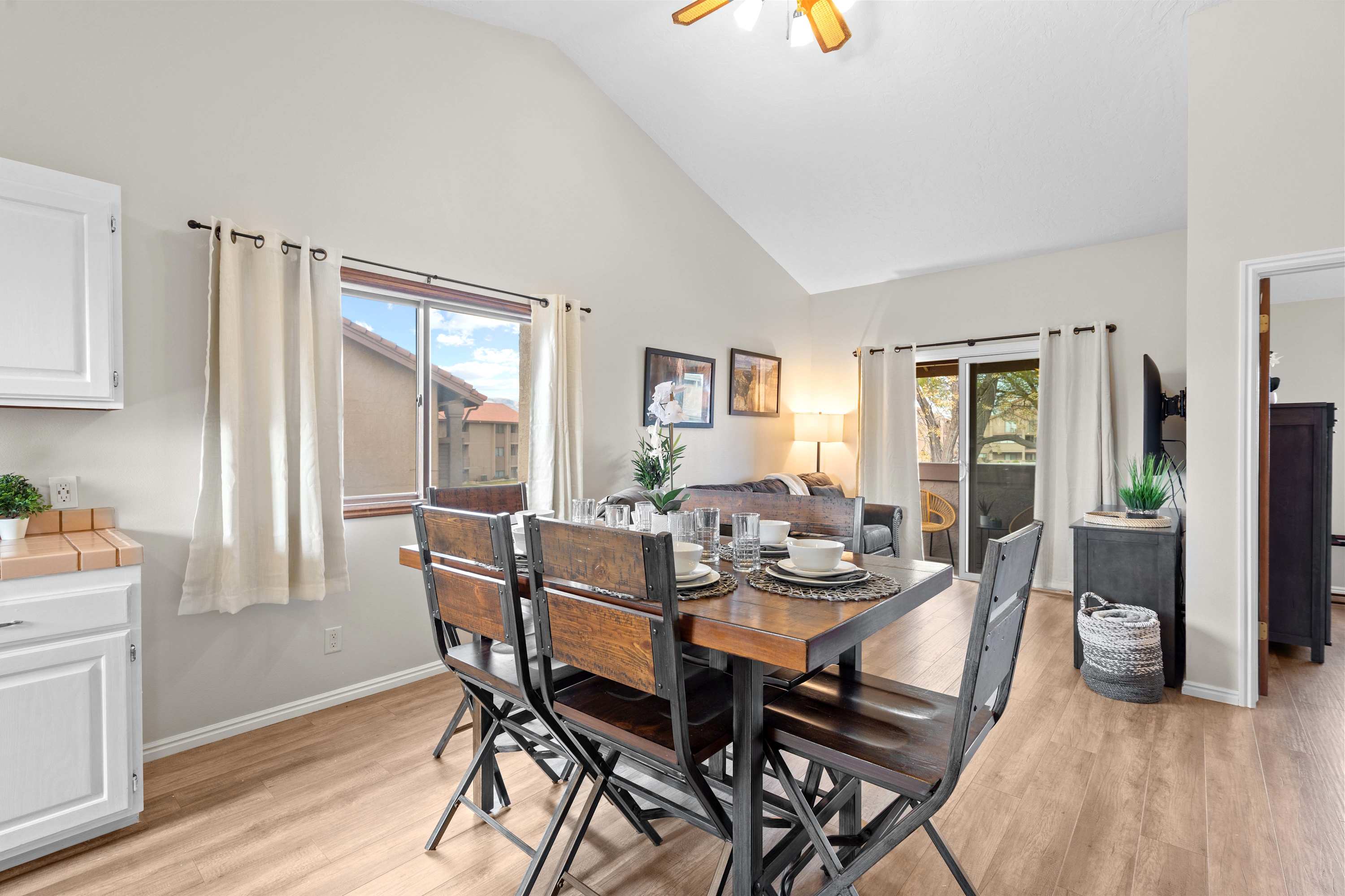 Gather for meals together at the dining table, with seating for 6