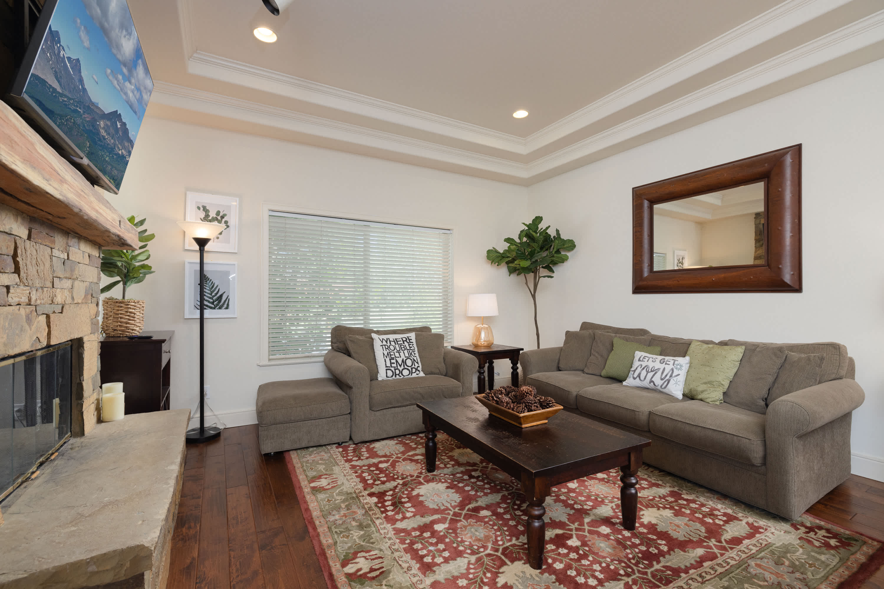 Curl up in the cozy living room & stream your favorites by the gas fireplace