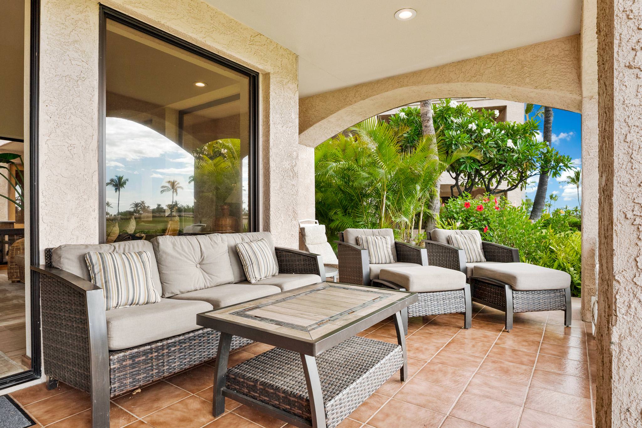 Lanai with garden view, really good sunset views