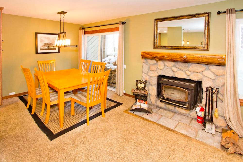 Dining table for 6 and wood burning fireplace