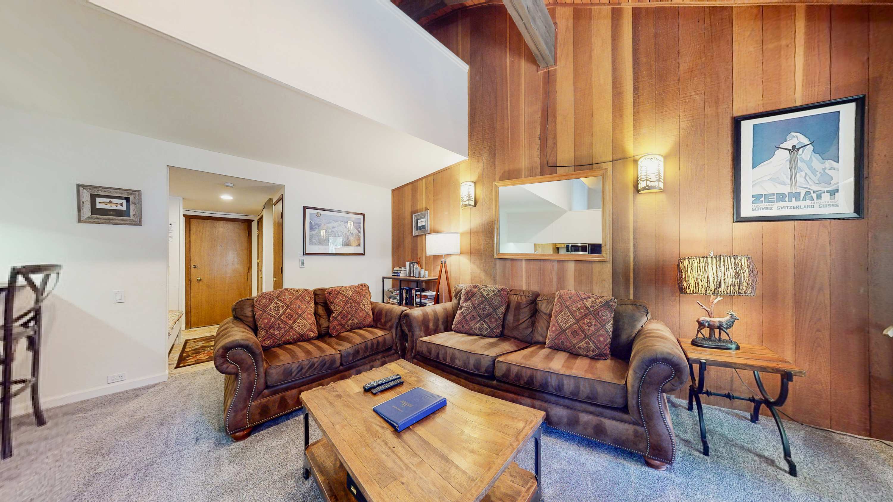 Living room with TV, DVD player, wood burning fireplace