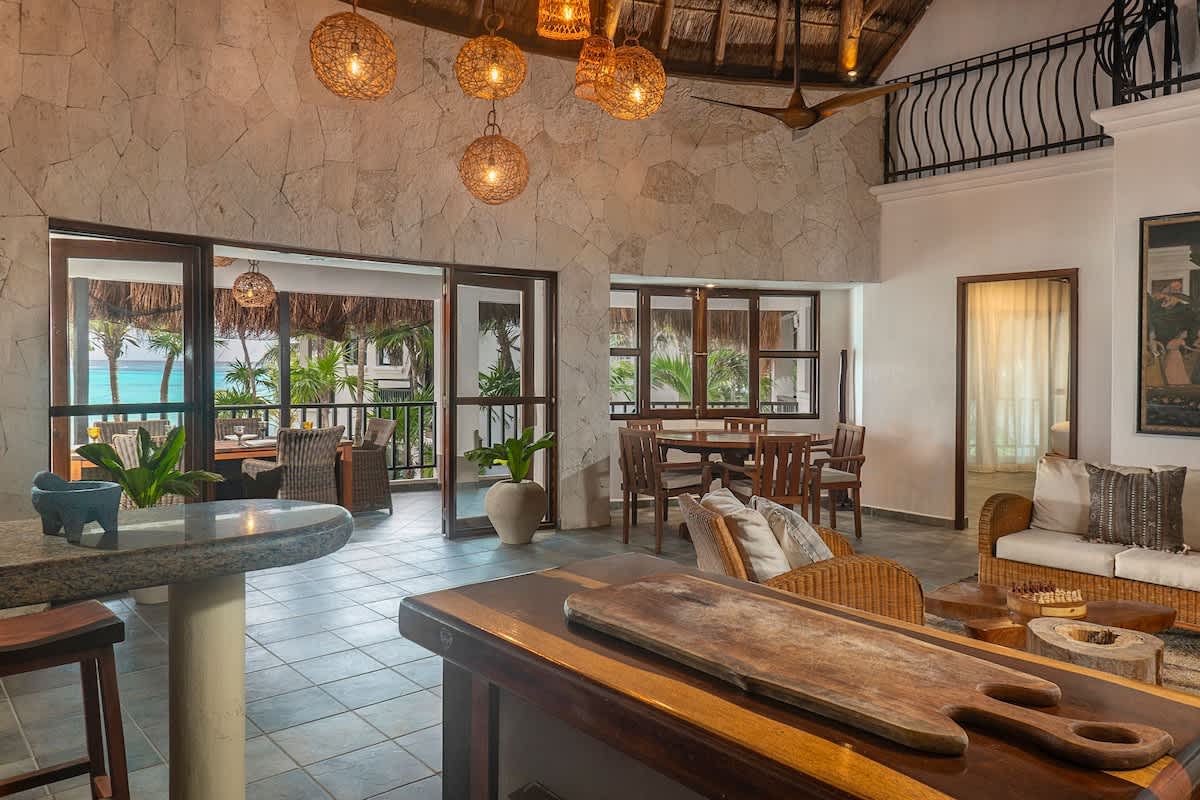 Cozy and warm living room with wooden decor with ocean view