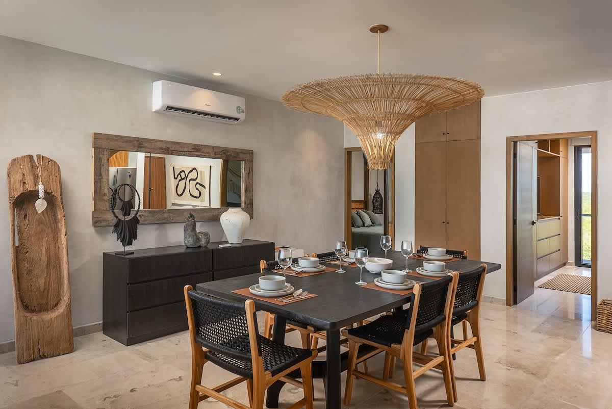 Dining area with a perfect blend of boho and minimalist decor
