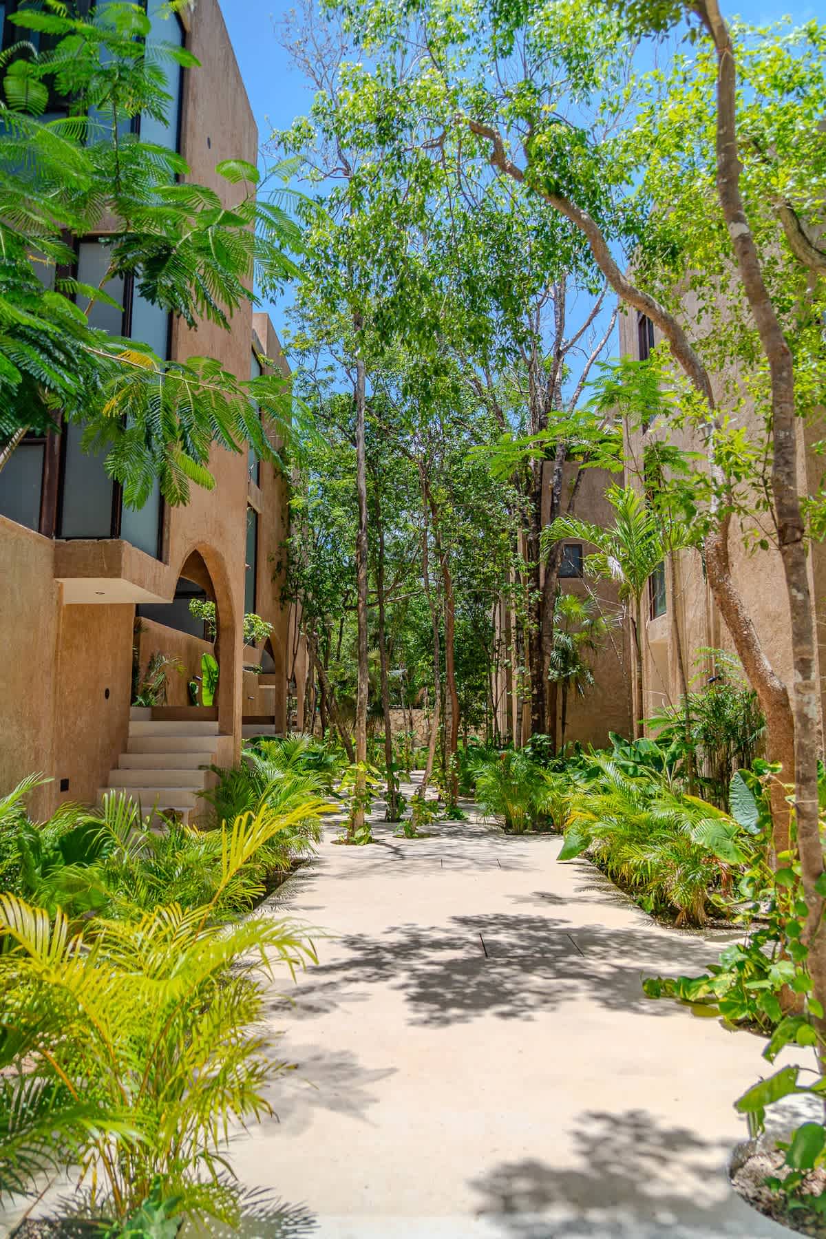 A peaceful jungle pathway welcomes you to the penthouse, blending modern design with Tulum’s natural surroundings.