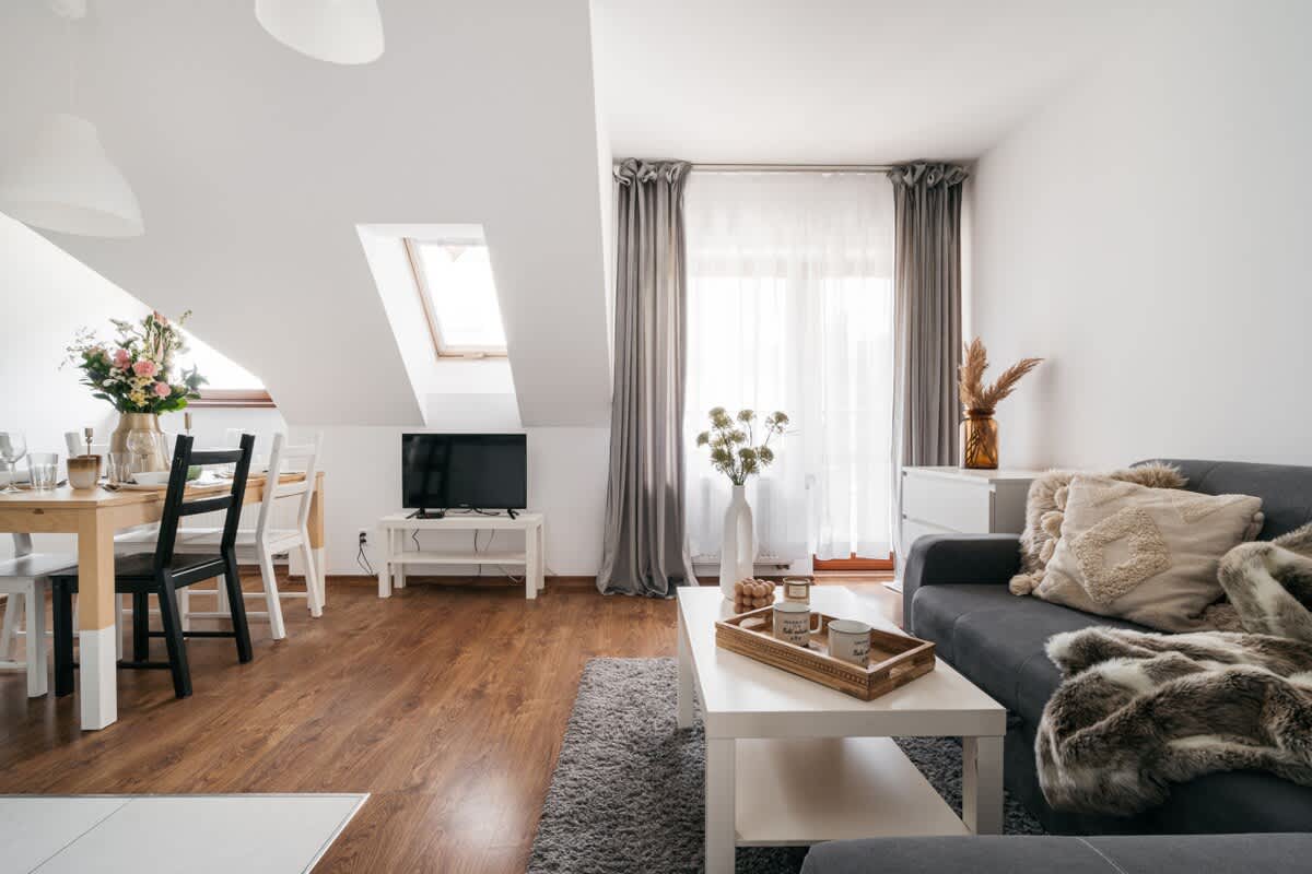 A comfortable apartment with a mountain view