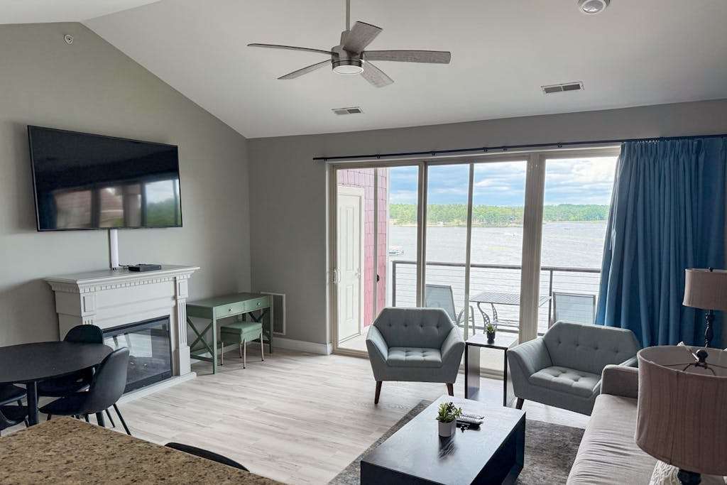 Coastal lakefront basecamp at Delton Grand with resort pools & beaches