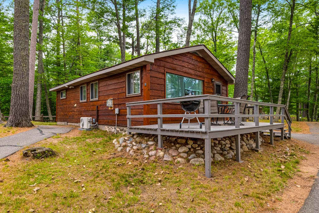 Snowy lake-view cabin with fireplace, full kitchen, TV, dock, & DVD player