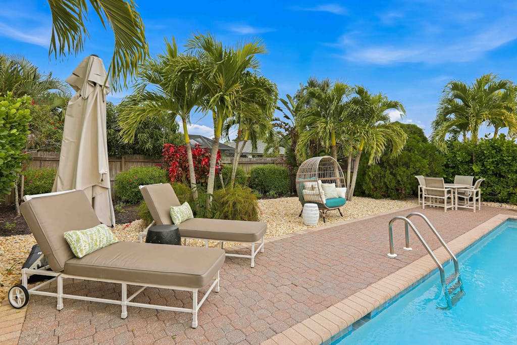 Private heated or cooled pool lush backyard open concept upscale interiors