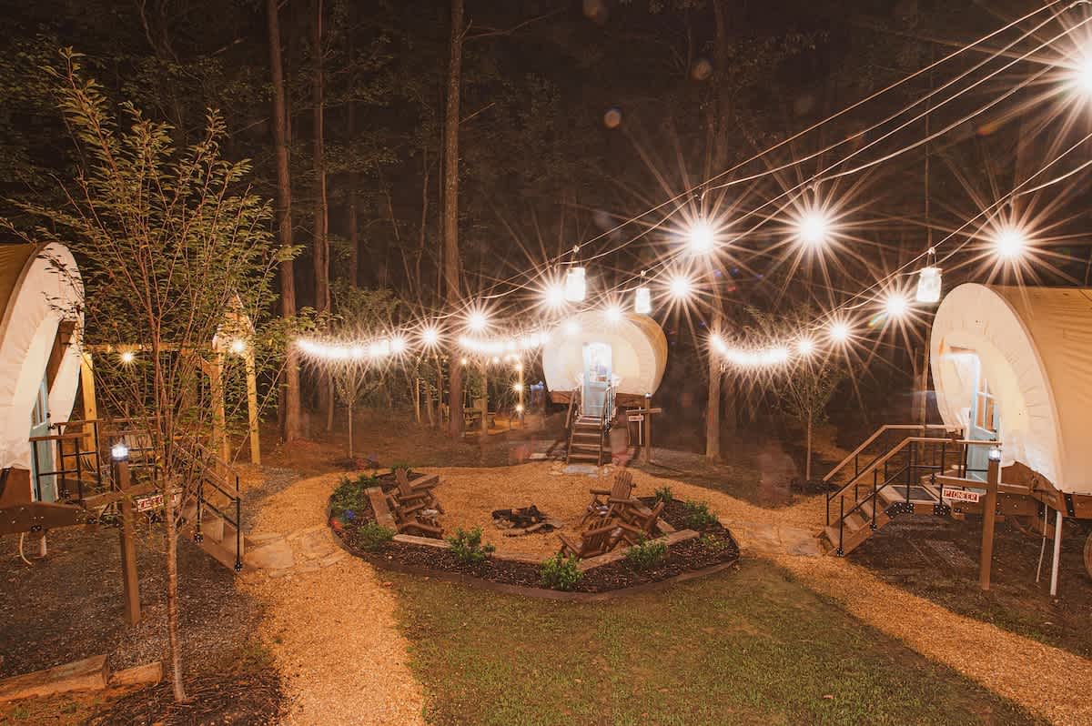 The wagon corral is magical at night with twinkling lights!