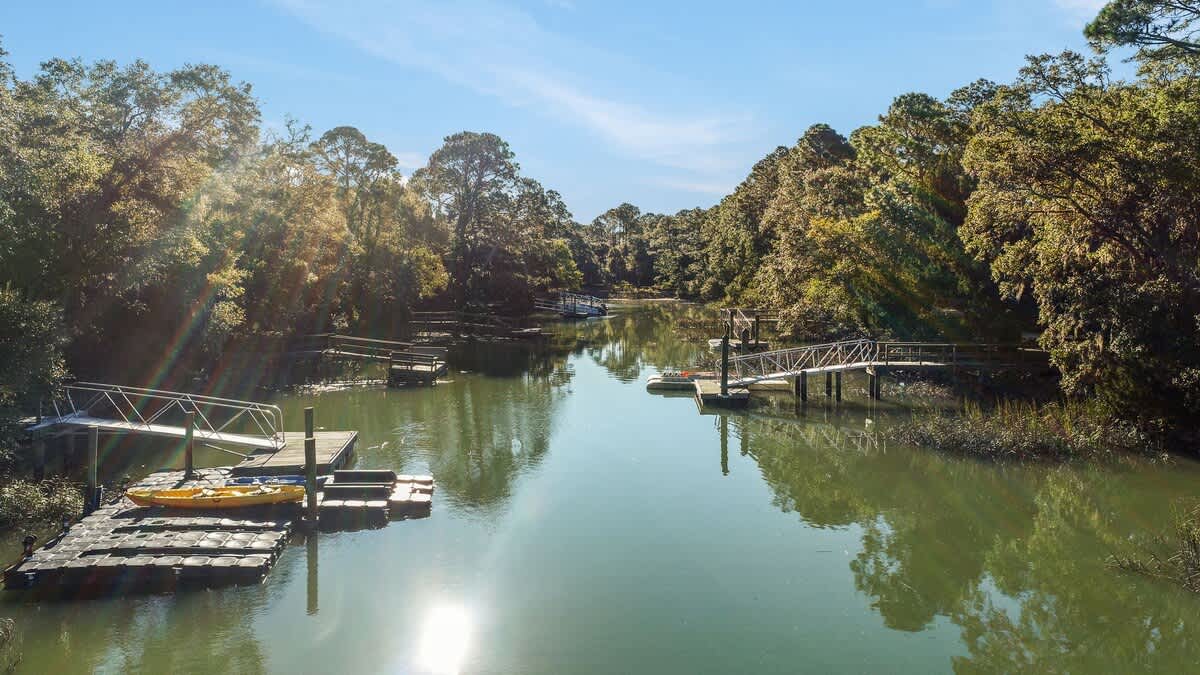 Peaceful river setting with private docks and boats surrounded by lush trees, creating a tranquil waterfront location.