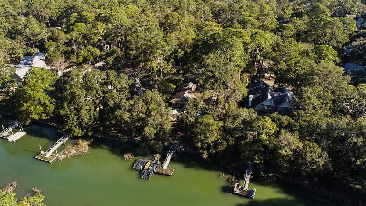 Aerial view of lakefront properties nestled among mature trees with private docks extending into calm green waters.
