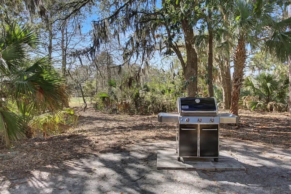 Fire up the grill in your private tropical oasis, where palm trees and Spanish moss create natural shade for perfect outdoor cooking.