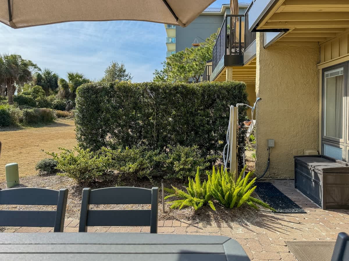Patio with Charcoal Grill and Beach Access