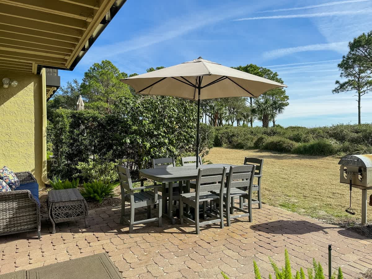 Patio with Charcoal Grill and Beach Access