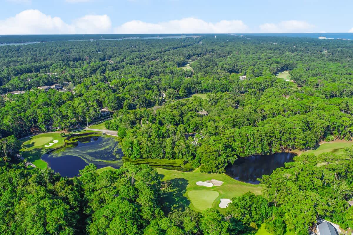 Aerial Above Home Overlooking Golf Course