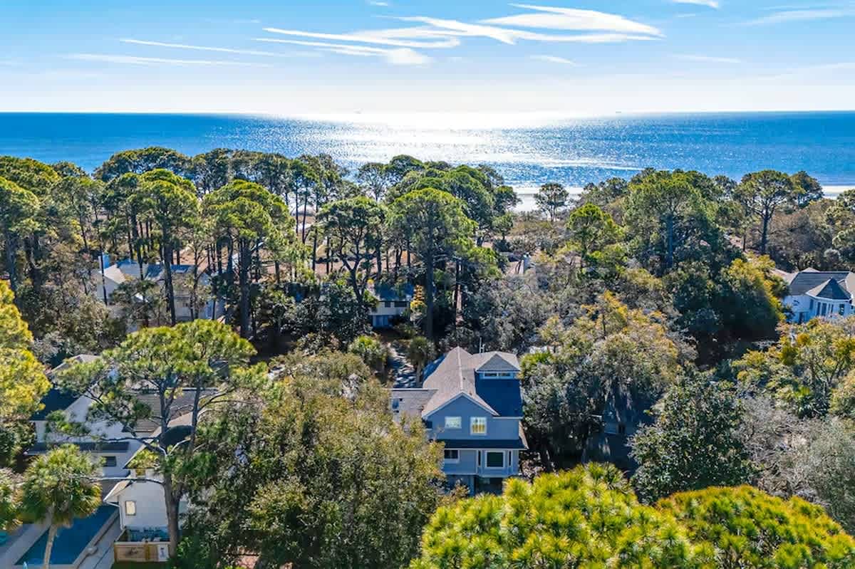 Coastal retreat nestled among mature trees with pristine beach just beyond the tree line.