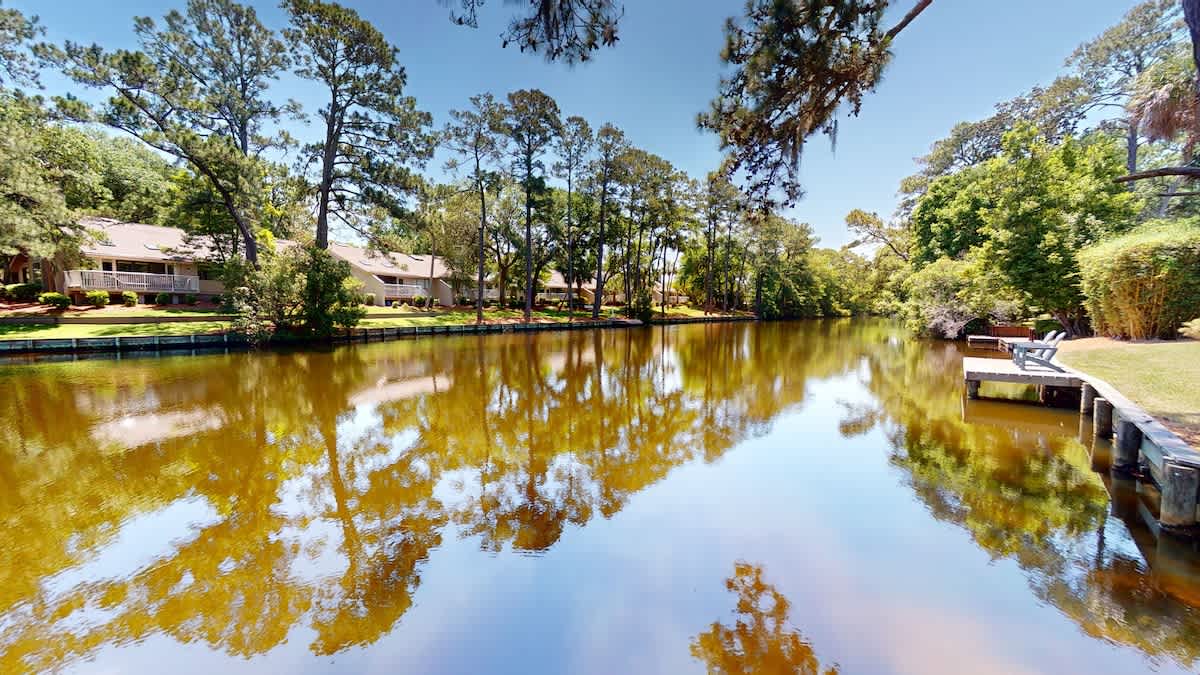 Peaceful pond surrounded by towering trees and waterfront property buildings with private dock access for a tranquil retreat experience.