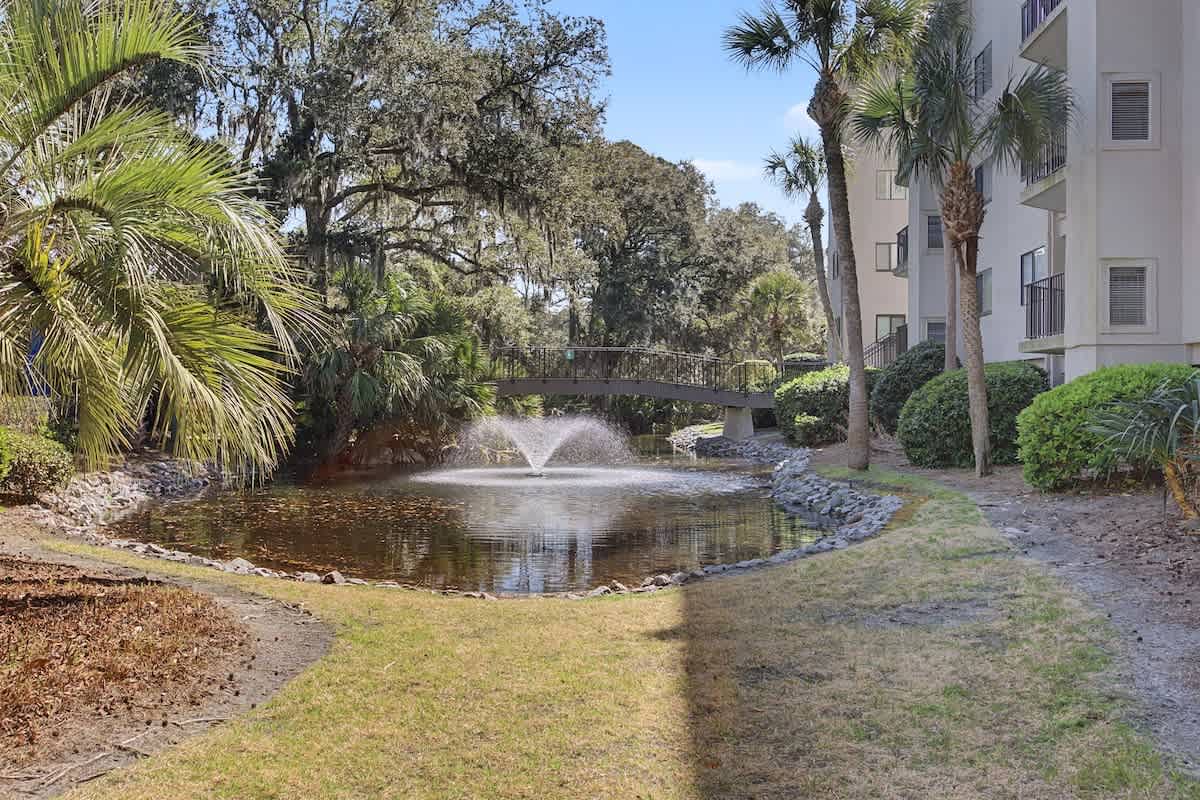 Serene water feature with fountain creates a peaceful focal point amid tropical landscaping and modern architecture.
