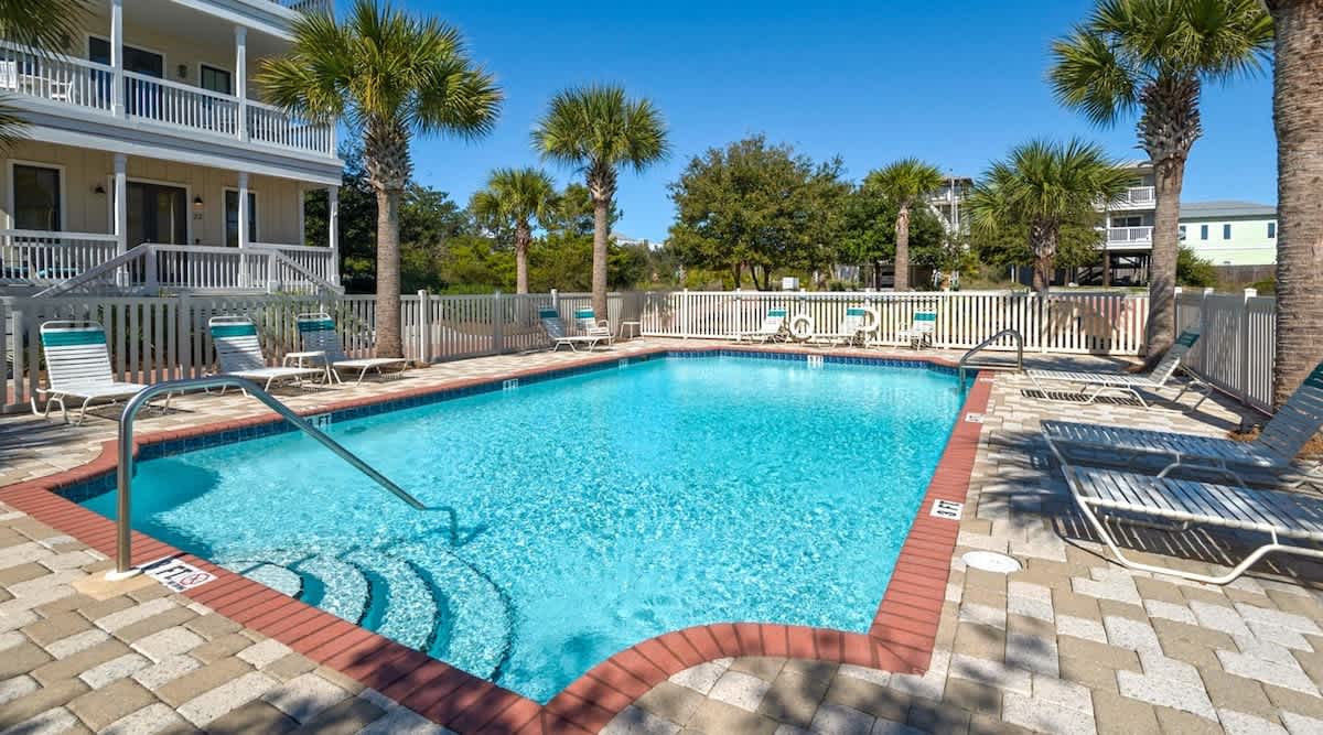 Shared community pool with restrooms. Community pool is unheated.
