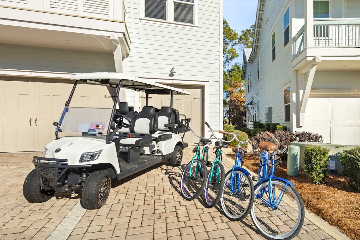 Home features a 6 seater golf cart and 4 adult bikes!