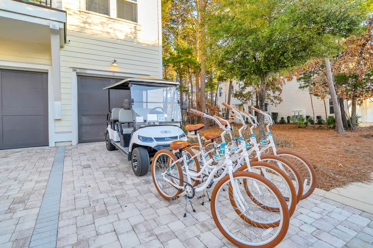 6-seater golf cart and 4 adult bicycles included complimentary to enjoy scenic 30a!