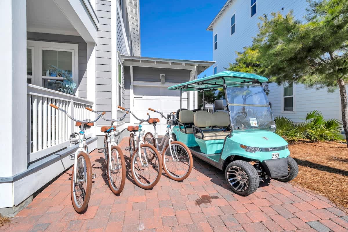 Included are 4 adult bikes ad 6 seater golf cart