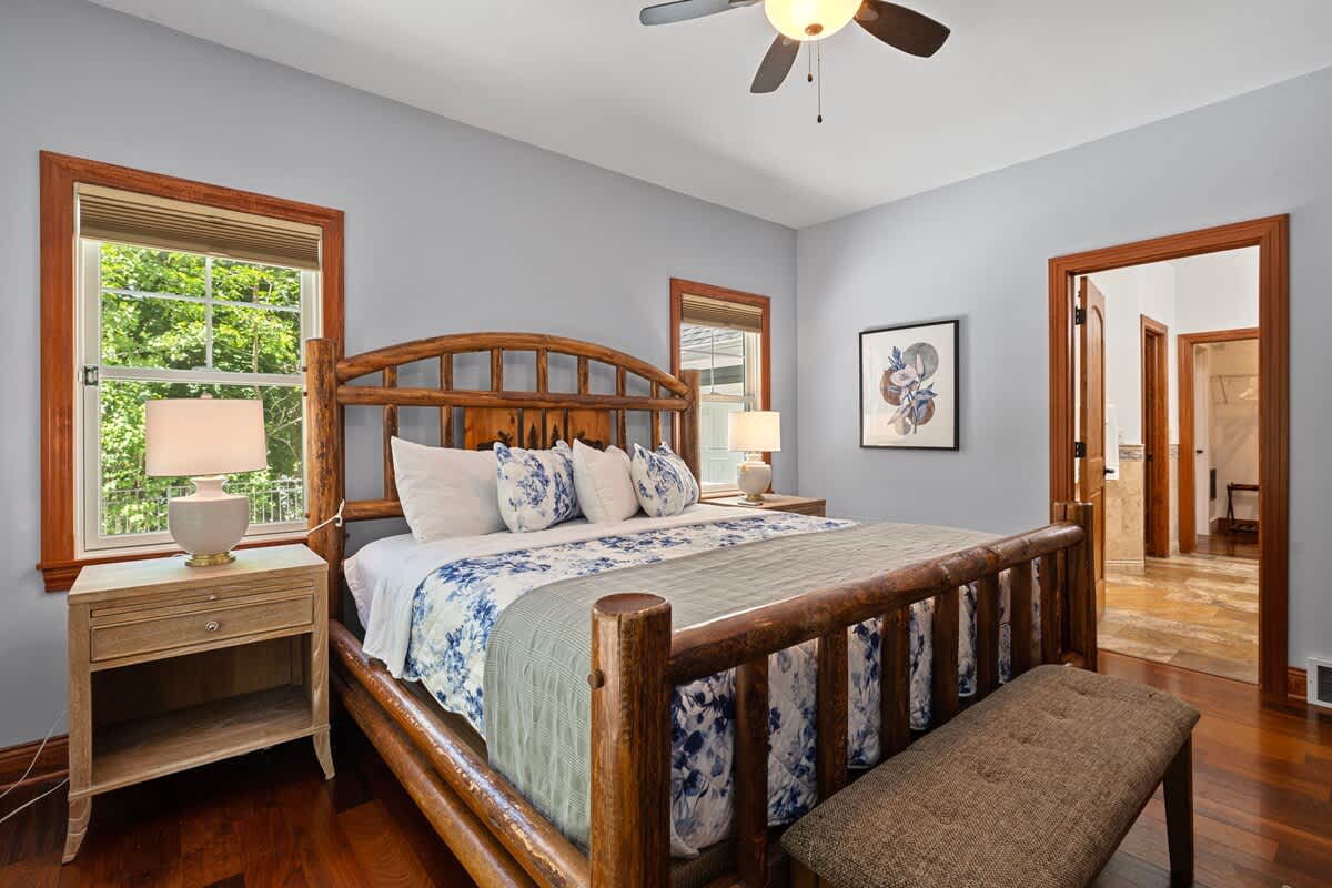 Primary bedroom is on the main level & has a king-size bed.