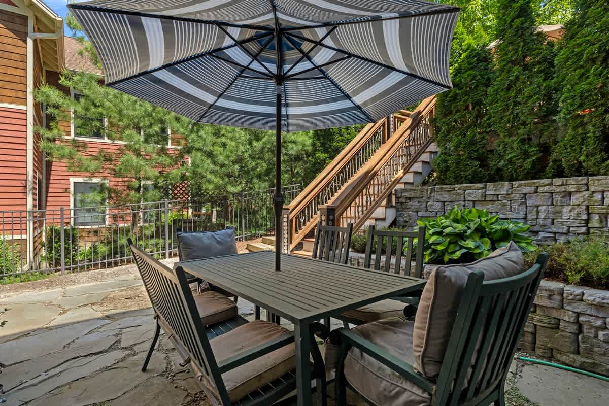 Escape for a quiet meal on the lower patio.
