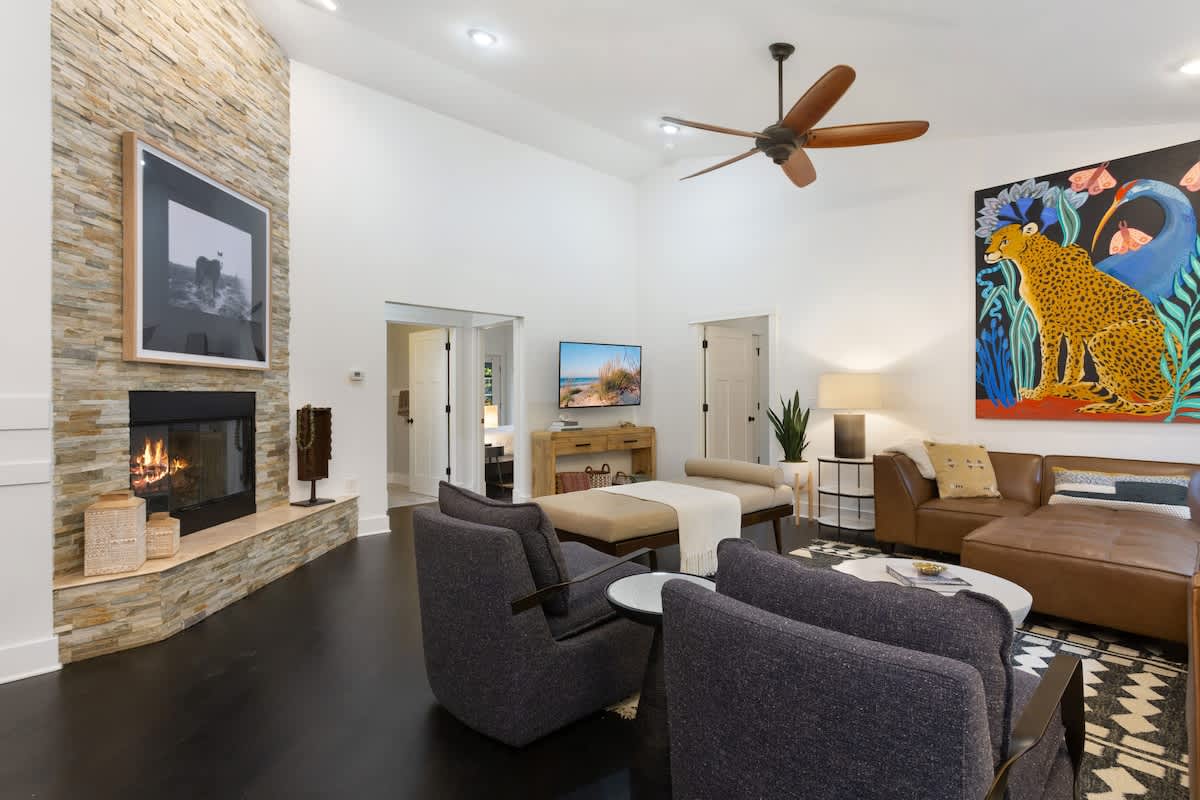 Spend chilly evenings snuggling by the grand stone fireplace.