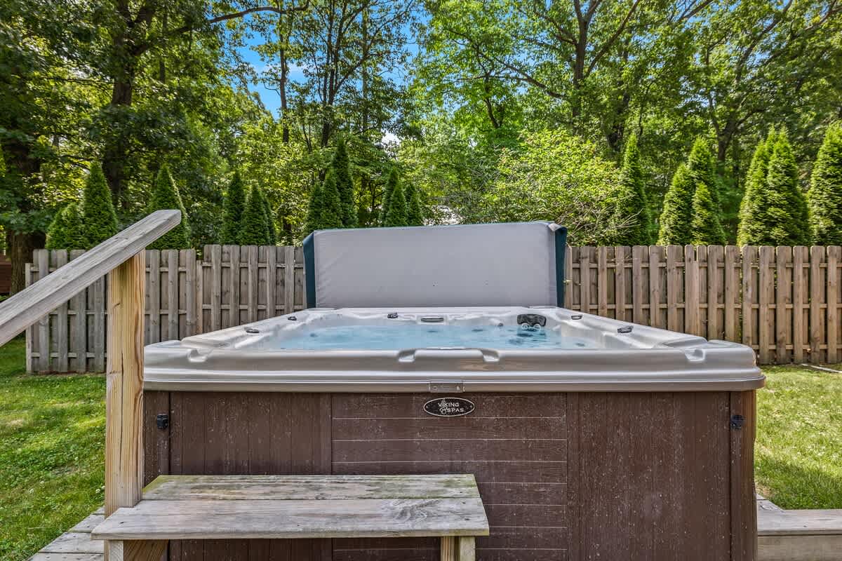 Available year-round, relax your cares away in the 8-person hot tub.