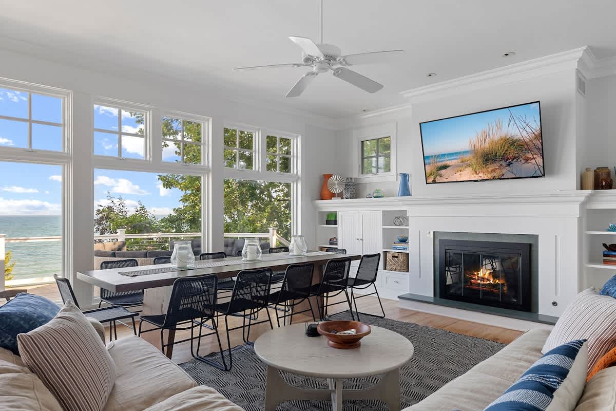 Incredible views of Lake Michigan are the highlight of the living room.