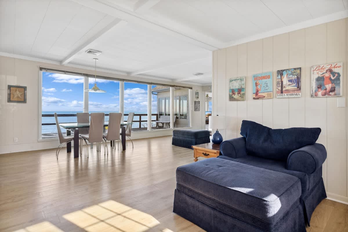 Step into the bright and airy living area of Lake Michigan Getaway.