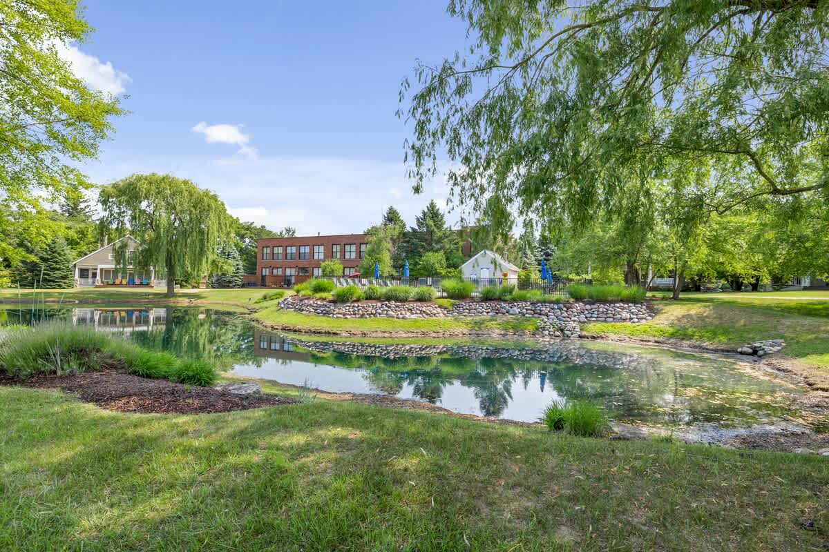 The community pool is right across the pond.