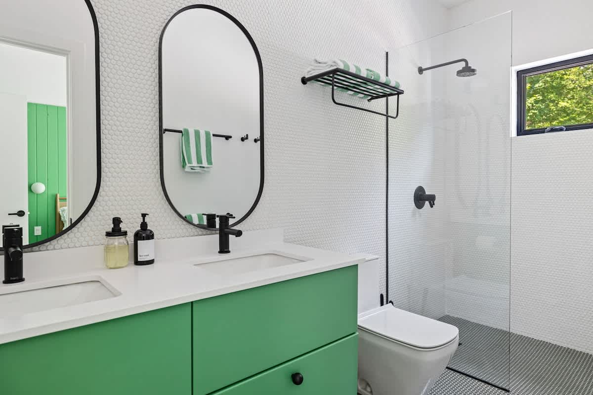 A dual vanity sink keeps the morning and evening routines on track.