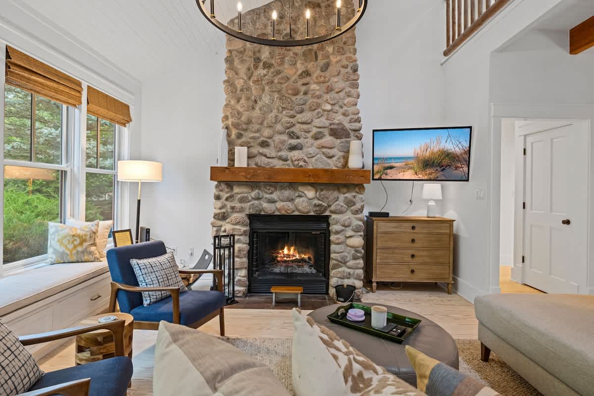 Cozy up next to our stone fireplace.