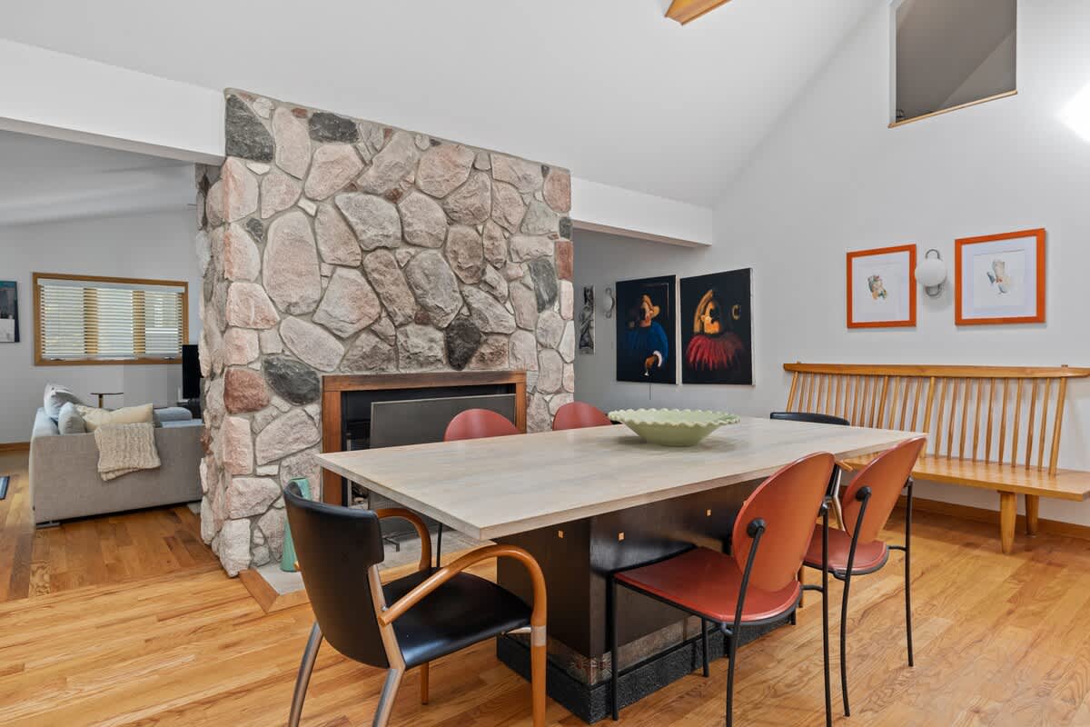 Enjoy the inviting warmth of our dual sided fireplace during family meals.