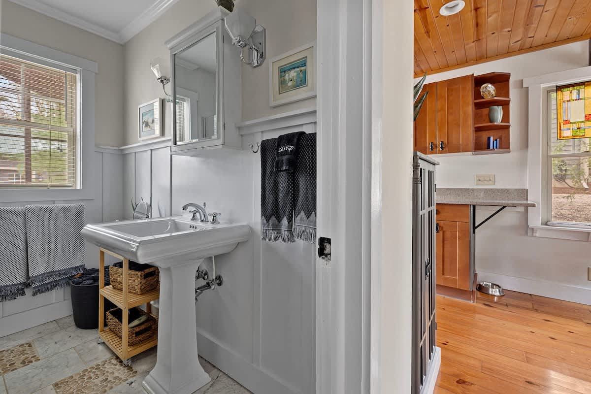 Metro-meets-country styling in this new bathroom with the essentials and more!