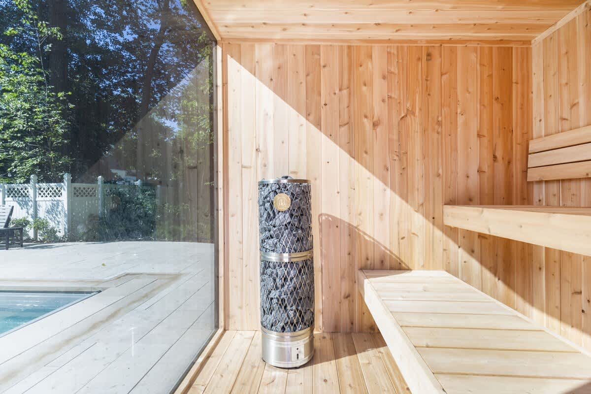 Heat things up in your own glass-walled sauna.