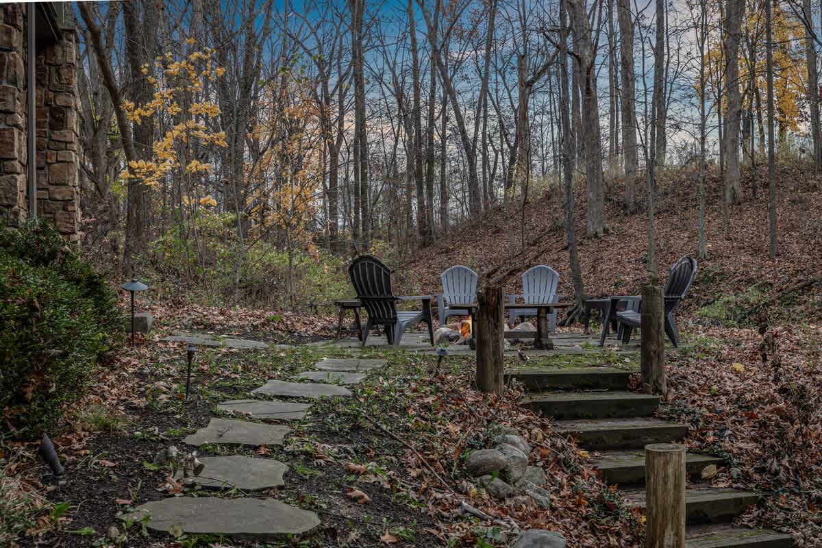 Cozy chairs, crackling fire, and a forest that’s totally vibing! Who’s bringing the marshmallows?