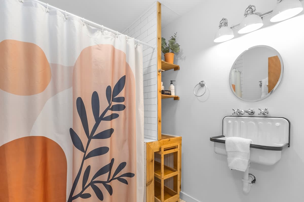 Playful prints and spa touches in this fresh, modern bath.