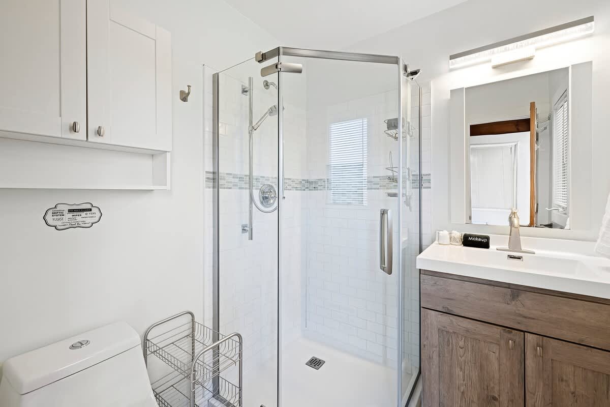 The Chalet's updated bath offers a modern style with contemporary fixtures.