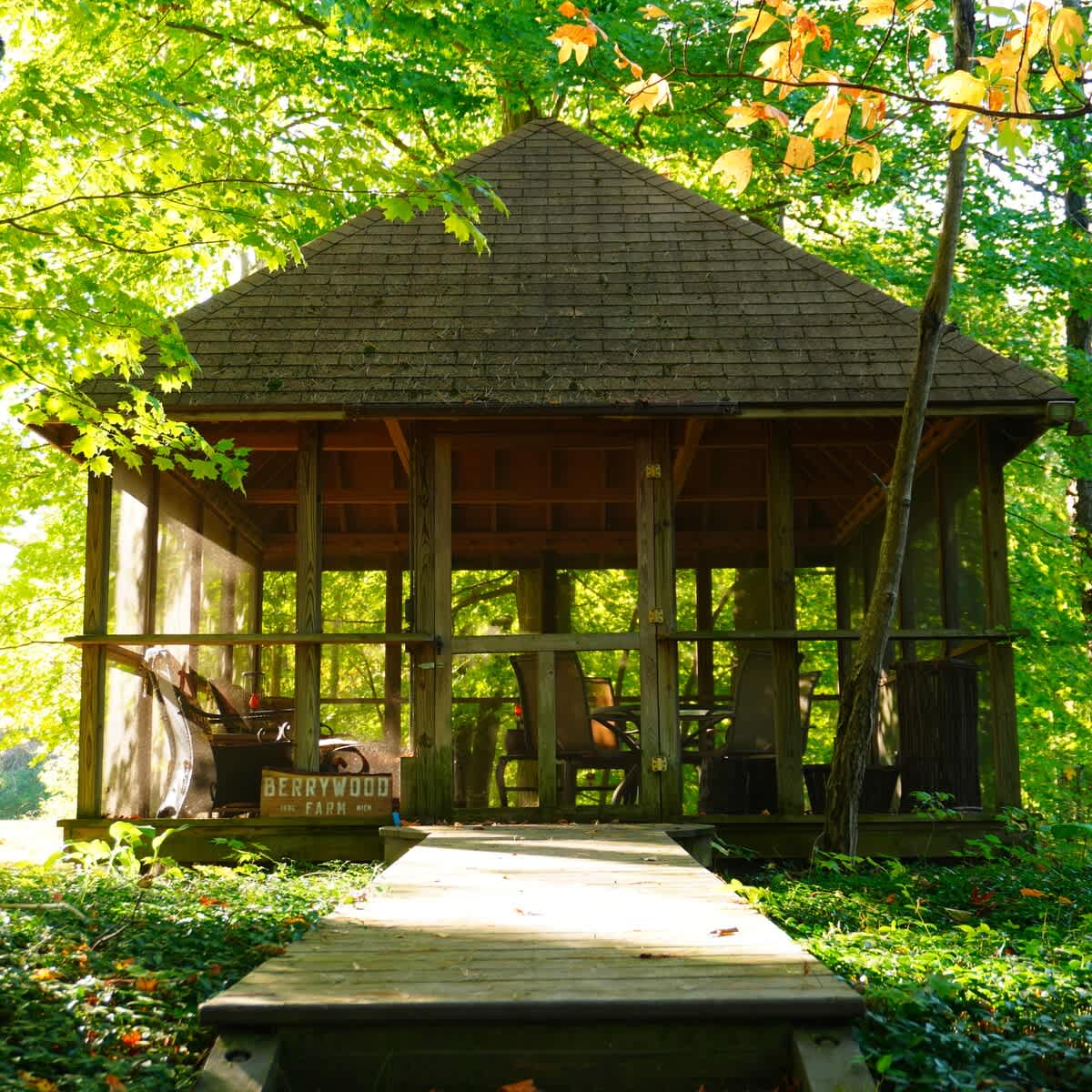 A quiet forest hideaway awaits in the Berrywood Farm gazebo.