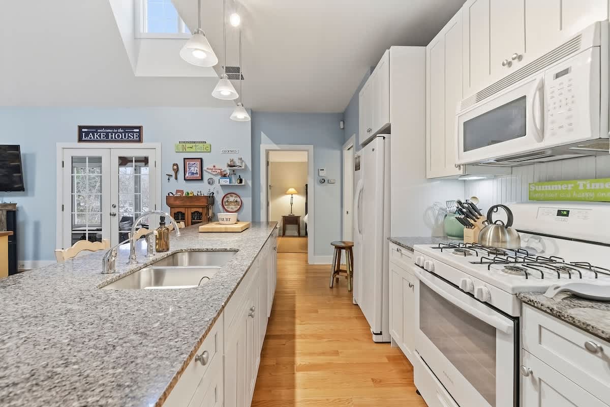 A bright kitchen designed for group cooking and easy flow.