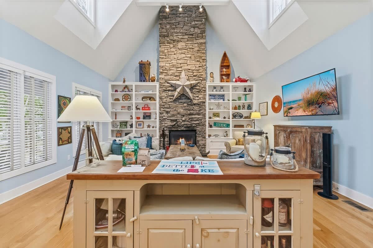 The star of our living room is the gorgeous vaulted ceiling.