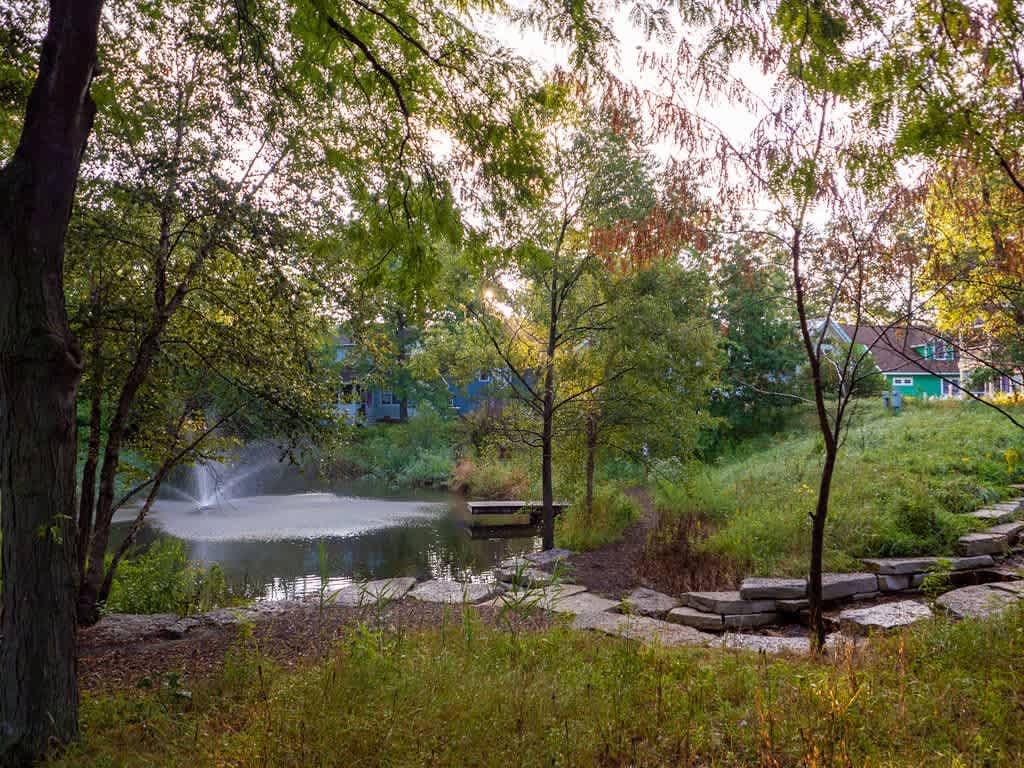 Tranquil pond with fountain creates a peaceful neighborhood setting surrounded by mature trees and residential homes.