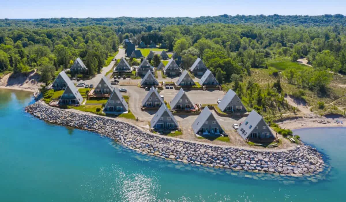 A sweeping aerial view of Chalet on the Lake Resort.